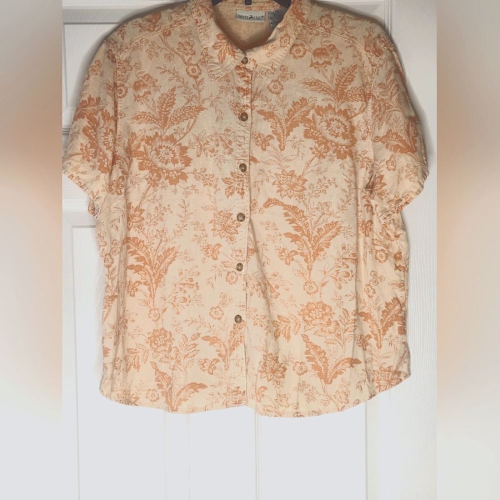 White Stag XL Cream Orange FloralPrint LINENBlend Shrtslv ButtonsUp Women Shirt